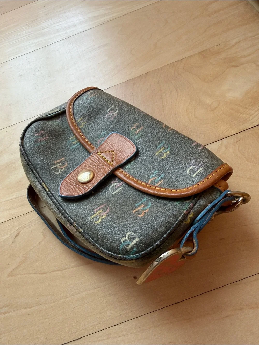 Dooney & Bourke Multicolor Monogram Wristlet with Tan Trim and Blue Strap